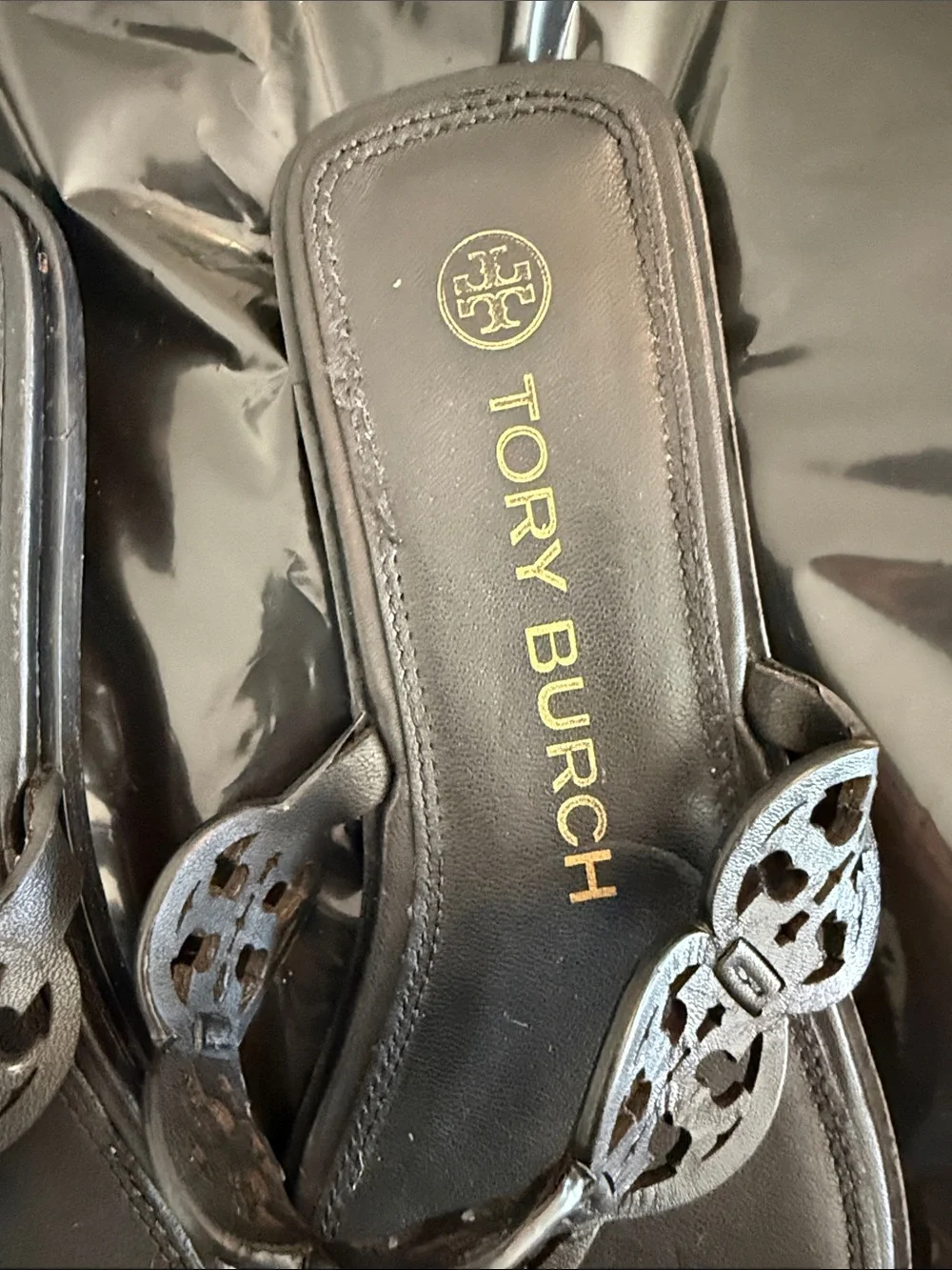 Tory Burch Black Leather Logo Thong Sandals